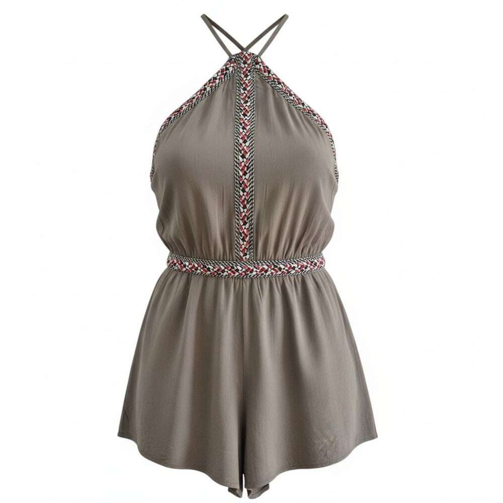 LoveRiche Romper Sz Med Khaki Army Green Halter Neck Festival Boho Summer Vaca